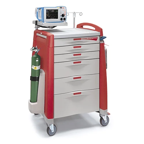 Medical team using crash cart during emergency response