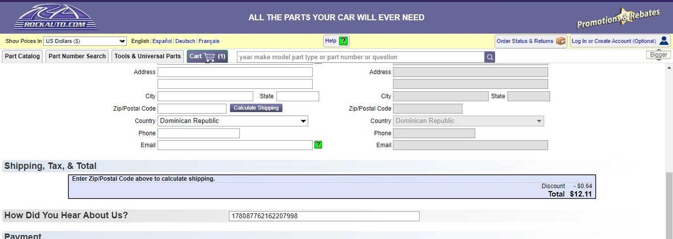 Applying Rock Auto coupon at checkout to get 5% discount