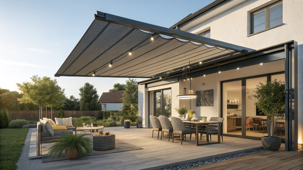 A modern outdoor patio with a stylish retractable markiseteppe awning providing shade over a seating area on a sunny day.