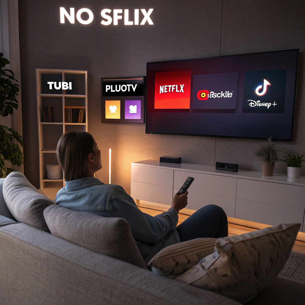 Person streaming on smart TV using legal SFlix alternatives like Tubi, Pluto TV, Netflix, and Crackle in a modern living room