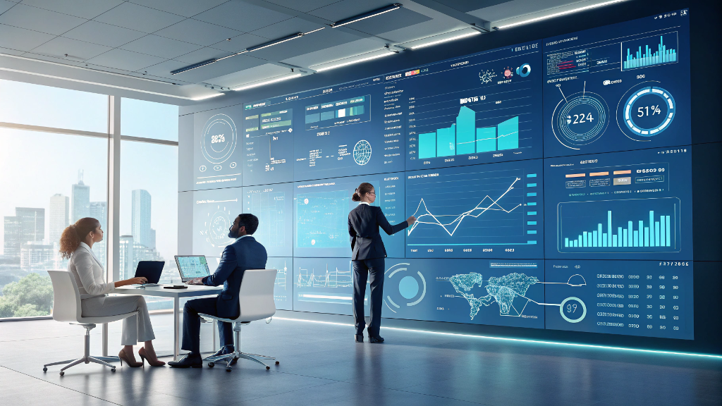 Team of professionals analyzing and classifying AI SaaS products on large digital screens in a tech office