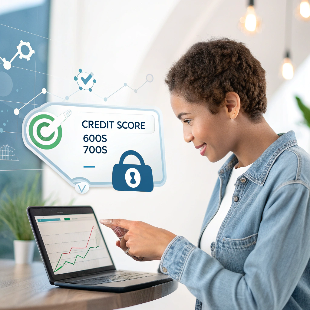 User checking improved credit score on GoMyFinance.com with upward trend graph