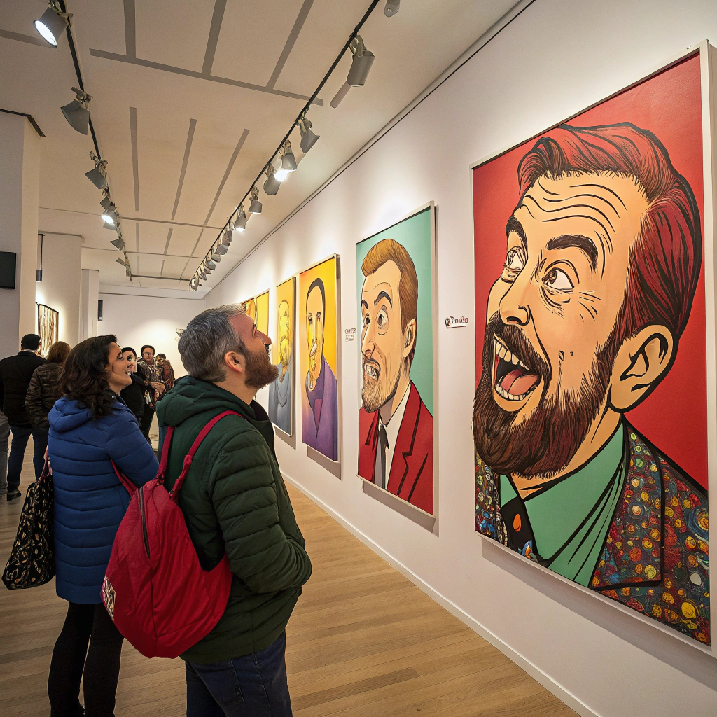 Visitors exploring a contemporary art gallery featuring colorful Caricatronchi-style portraits with exaggerated facial features.