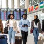 A group of young Nigerian travelers at an airport preparing to migrate to countries like Canada, Germany, the UK, and UAE.