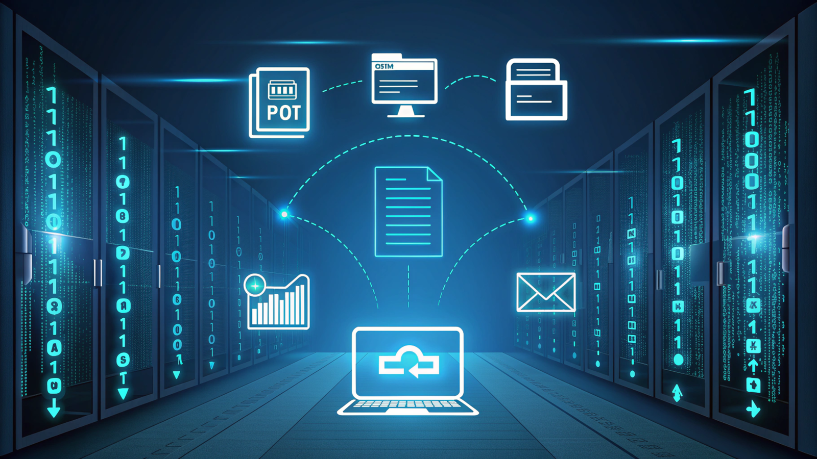 Digital transformation concept showing ceıvır converting data, communication, and content seamlessly through futuristic AI tools.