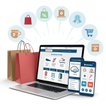 Troozer com online shopping platform with laptop, smartphone, shopping bags, and product categories