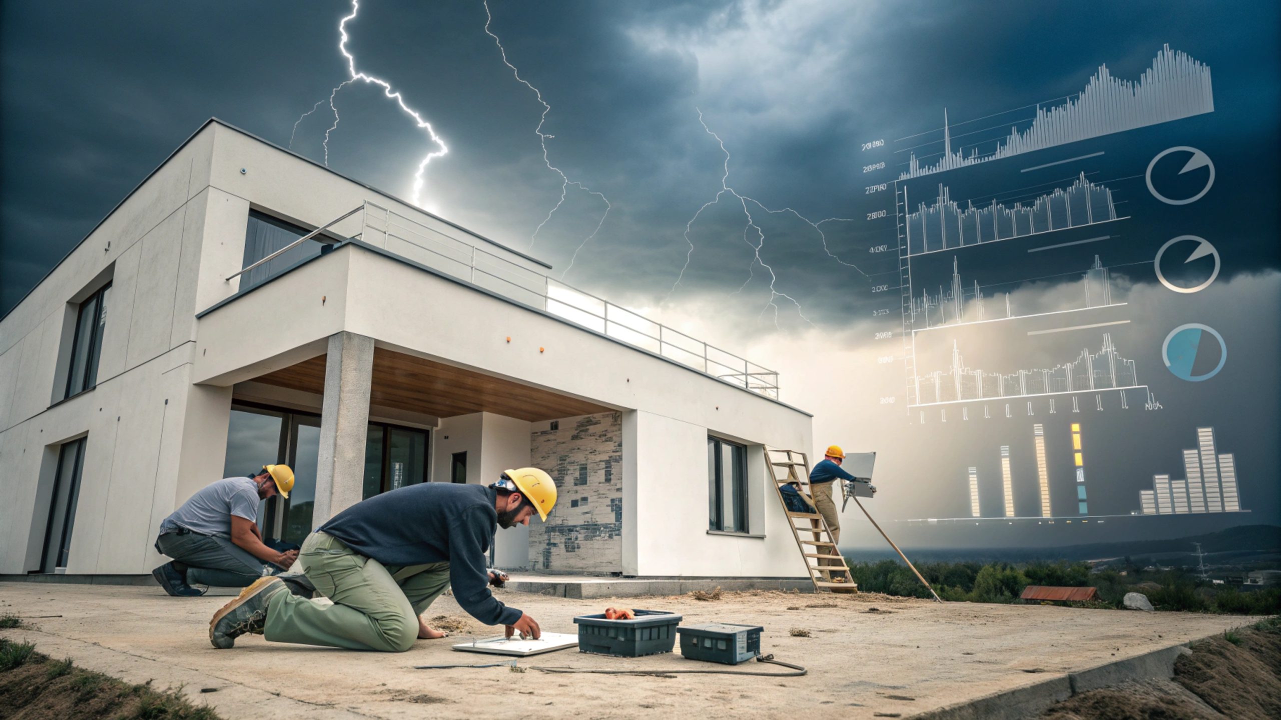 Stormuring concept showing construction with waterproof mortar, storm clouds in the sky, and business strategy teamwork symbolizing resilience and innovation.