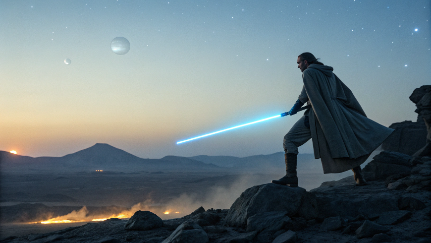 A realistic, cinematic image of a Jedi at twilight holding a glowing blue lightsaber against a desert horizon, symbolizing hope and peace.