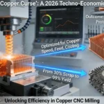 A high-detail photo inside a modern machine shop: a CNC machine precisely mills a thin-wall copper heat sink, generating ideal chips under high-pressure coolant, with its screen showing optimized parameters. A finished perfect heat sink is contrasted with a scrapped, warped one, highlighting the transition from high scrap rates to 99% yield and 40% cost reduction.