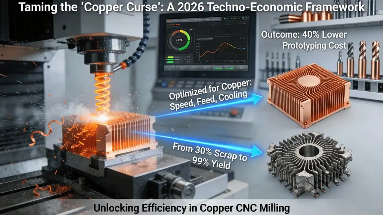 A high-detail photo inside a modern machine shop: a CNC machine precisely mills a thin-wall copper heat sink, generating ideal chips under high-pressure coolant, with its screen showing optimized parameters. A finished perfect heat sink is contrasted with a scrapped, warped one, highlighting the transition from high scrap rates to 99% yield and 40% cost reduction.